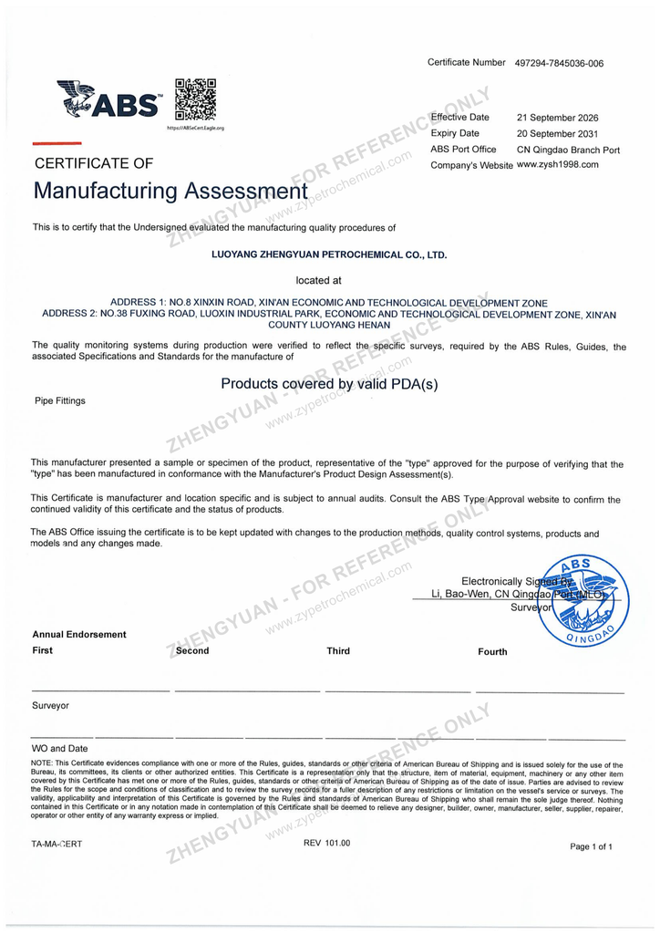 ABS Manufacturing Assessment certificate for Luoyang Zhengyuan Petrochemical pipe fittings