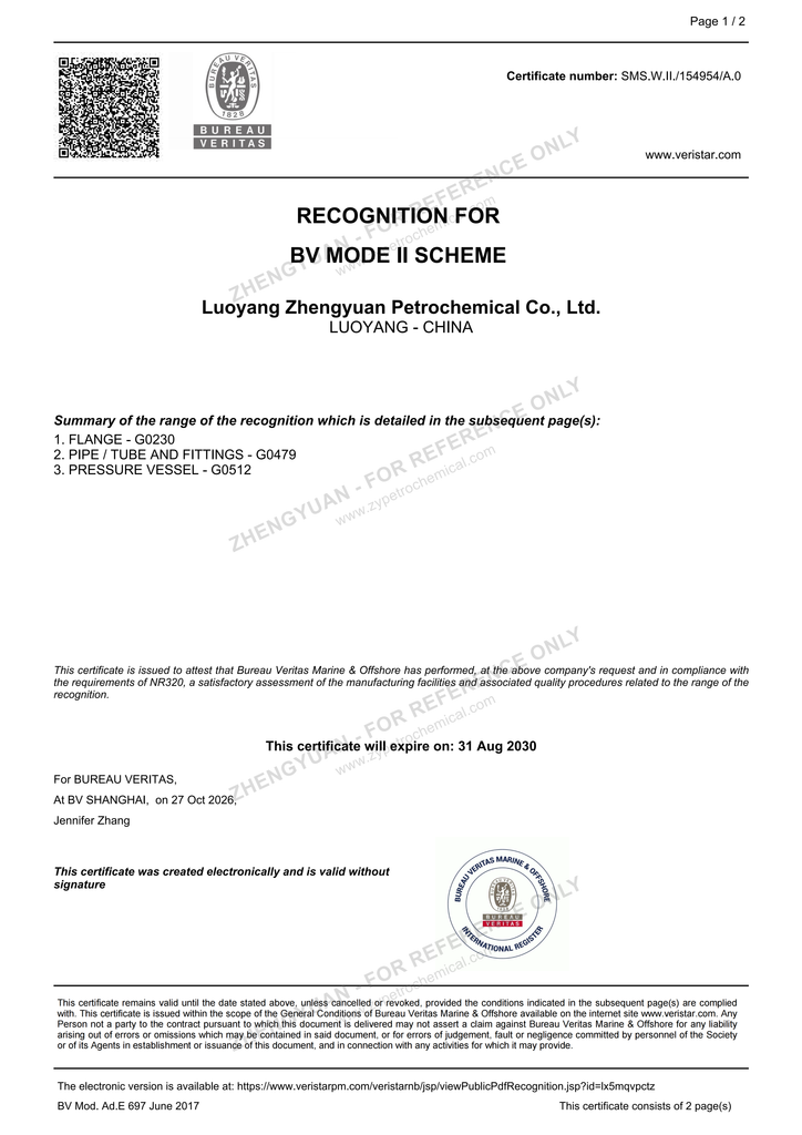 Bureau Veritas Mode II recognition certificate for Luoyang Zhengyuan Petrochemical, page 1