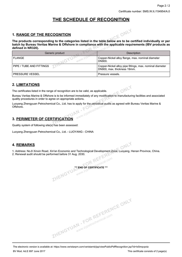 Schedule of recognition for Zhengyuan’s BV Mode II certificate, page 2