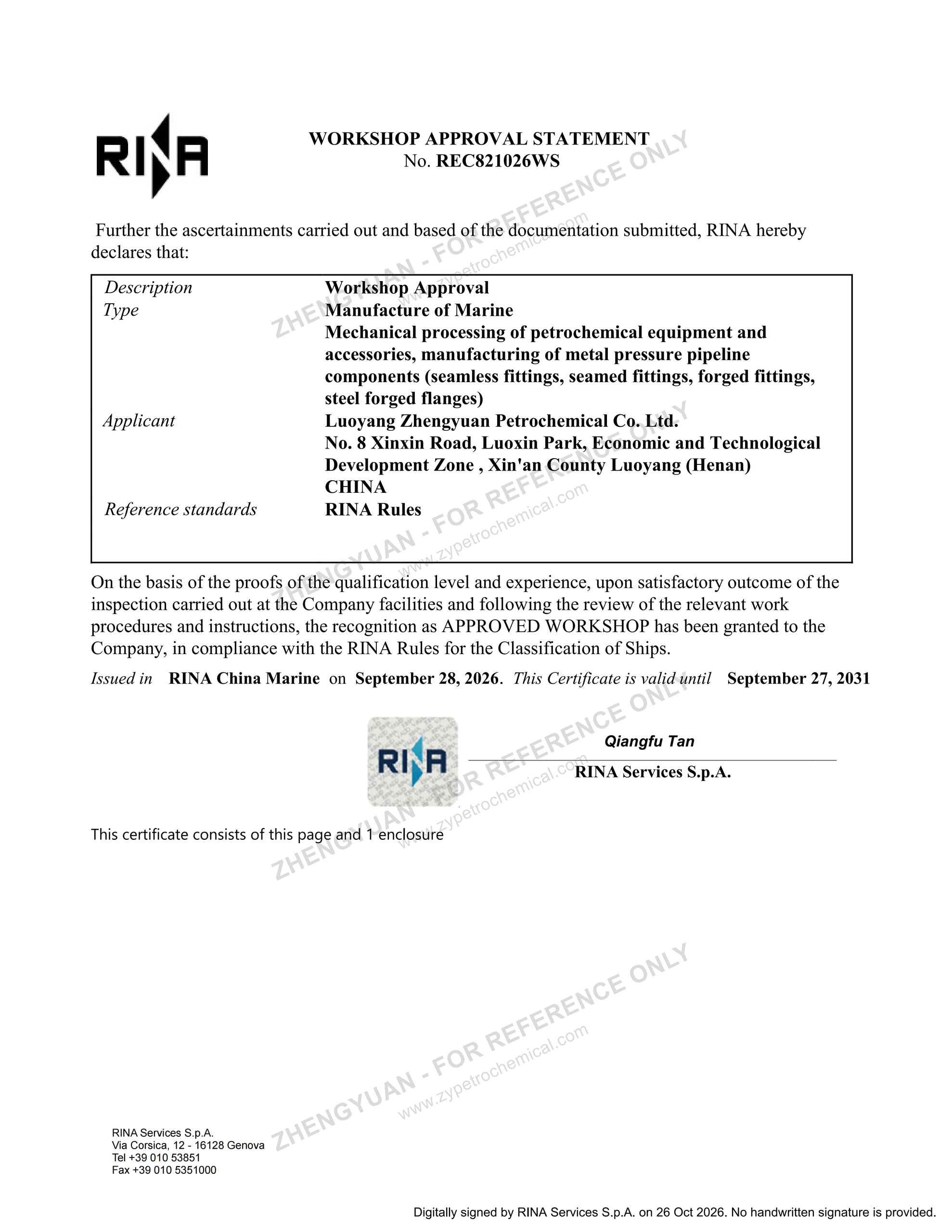 RINA Workshop Approval Statement for Luoyang Zhengyuan Petrochemical
